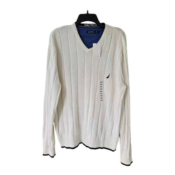NAUTICA Sweater Mens Sz L Tan V-Neck Chunky Knit Granpa Core Eclectic New - Picture 1 of 7